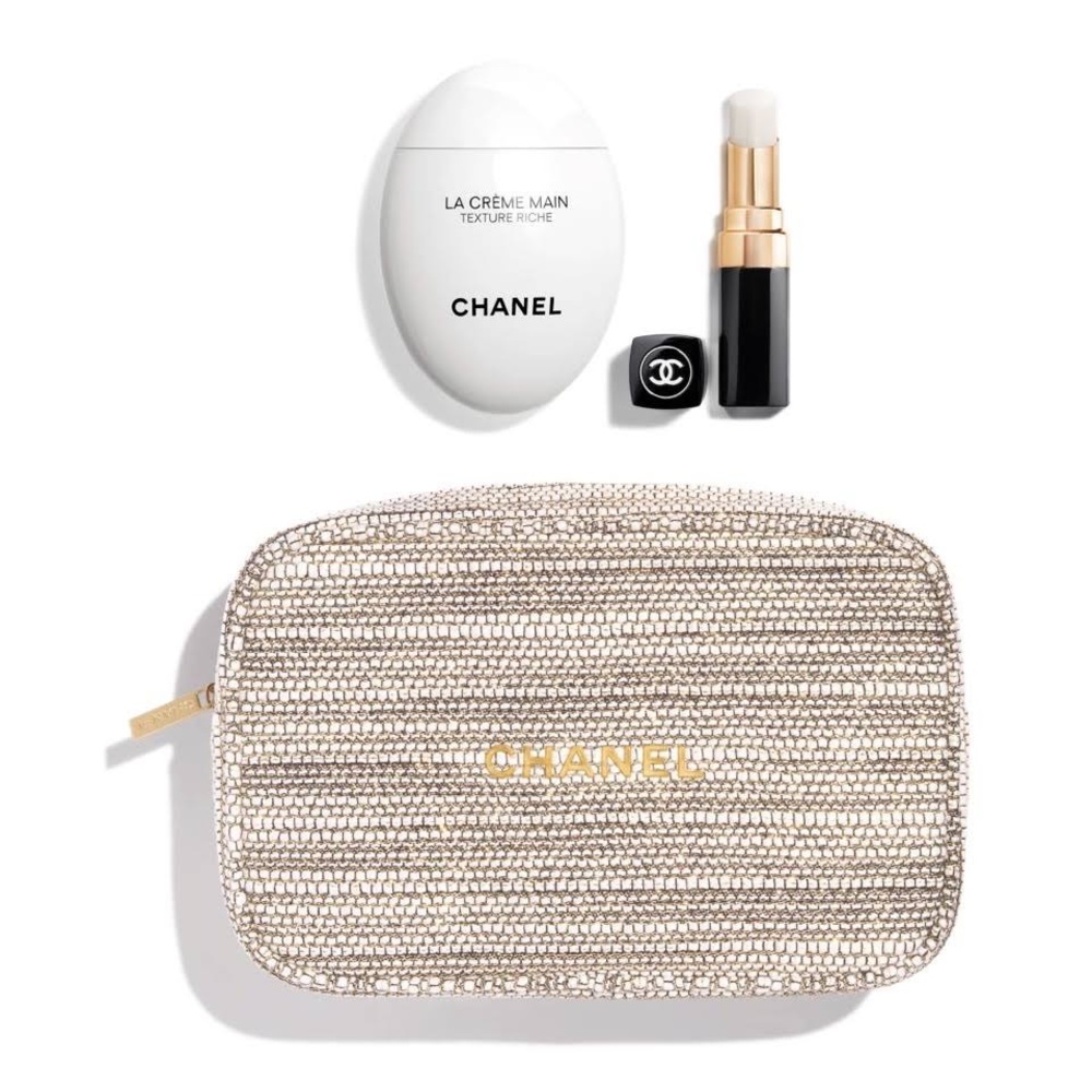 NIB Chanel Hydration On-Hand Essentials Set with Grey Chanel Makeup Pouch